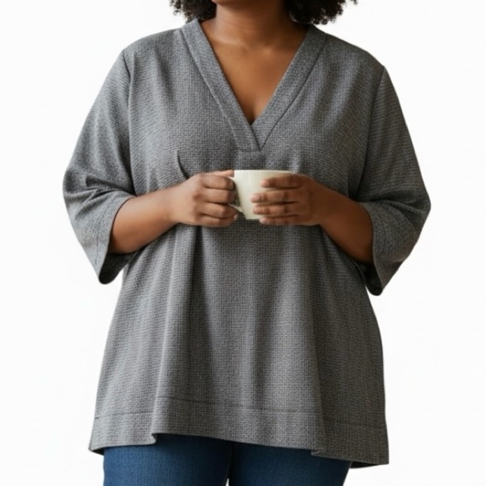 Eileen Fisher Systems Woman’s Check Notch V-Neck Top Indigo - XL NWT